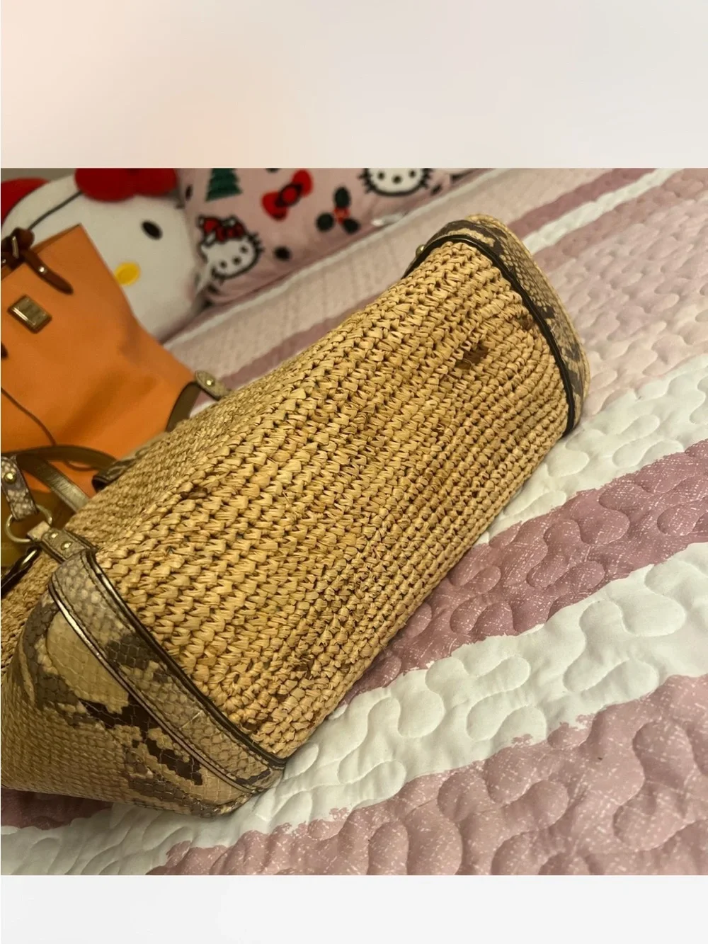 Coach Straw Tote with Snake-Print Trim and Flower Charm - Natural